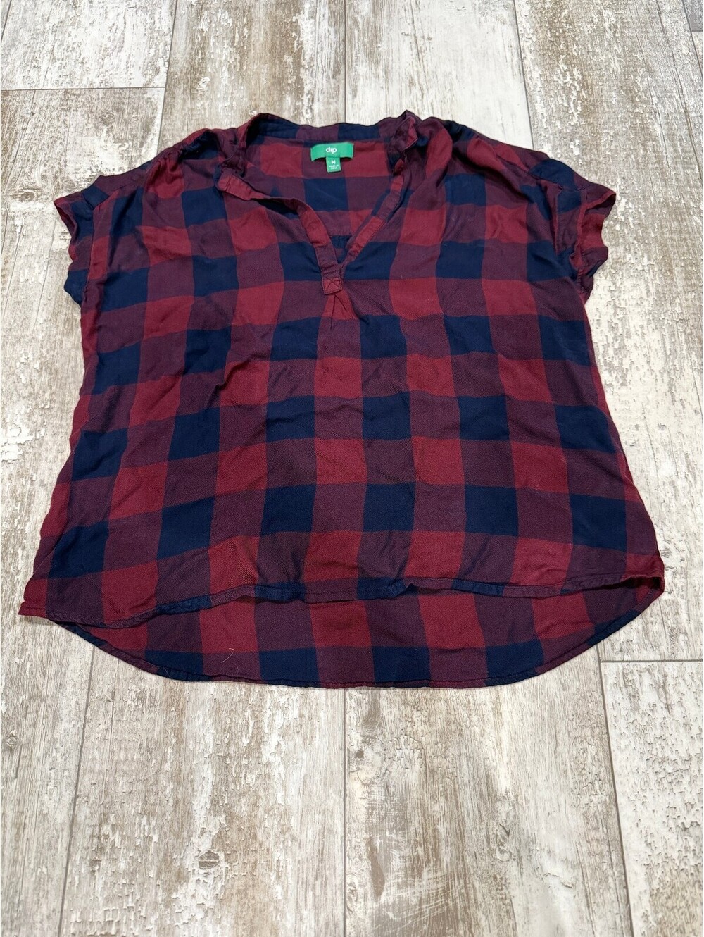 DIP Womens M Buffalo Plaid Top Red Navy Check Hi Low